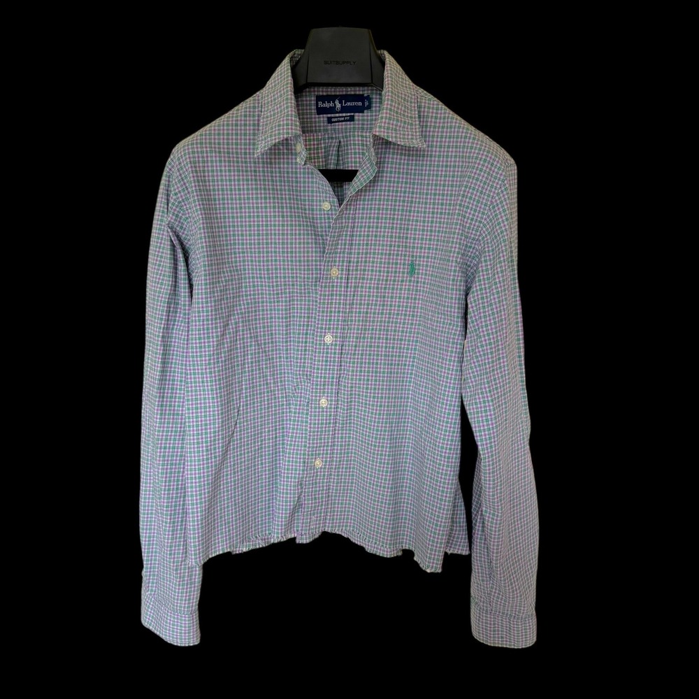 90's Ralph Lauren Custom Fit Plaid Shirt Large Purple Green Cropped Raw Hem